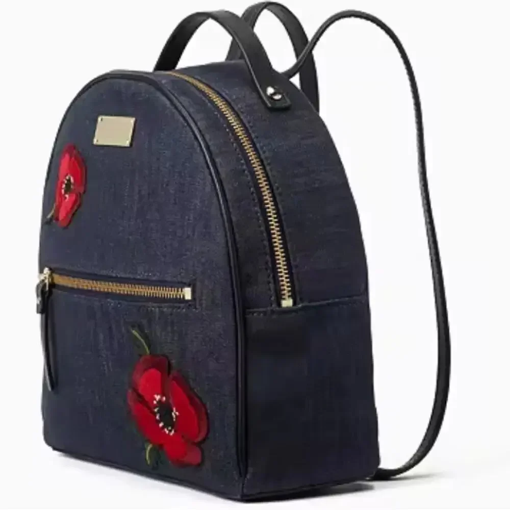 Kate Spade Grove Street Denim Poppy Embroidered Backpack New with Tag MSRP $299